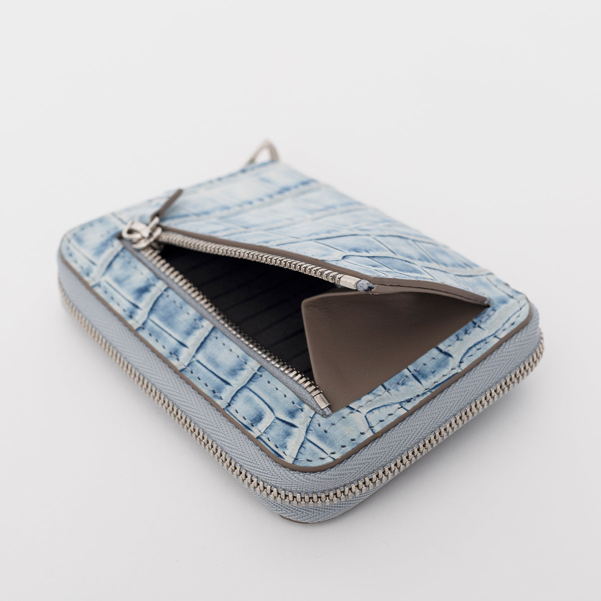 CRISTY SLIM COMPACT WLT / N.A.C (クリスティスリムコンパクトウォレット / ヌバックアイクロコダイル) - ITTI (イッチ) | コンパクト財布 さいふ サイフ レザー 革小物 ラウンド ファスナー 小さい メンズ レディース ブランド ドメスティック 藍染 デニム