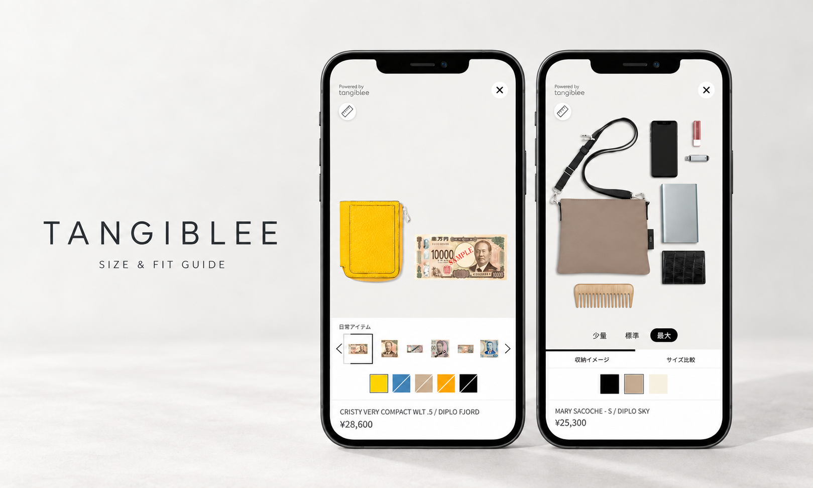 財布のサイズ比較とサコッシュの収納イメージを2台のスマートフォンで紹介するITTI Tangibleeガイドのイメージ画像