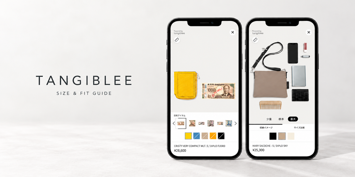 財布のサイズ比較とサコッシュの収納イメージを2台のスマートフォンで紹介するITTI Tangibleeガイドのイメージ画像