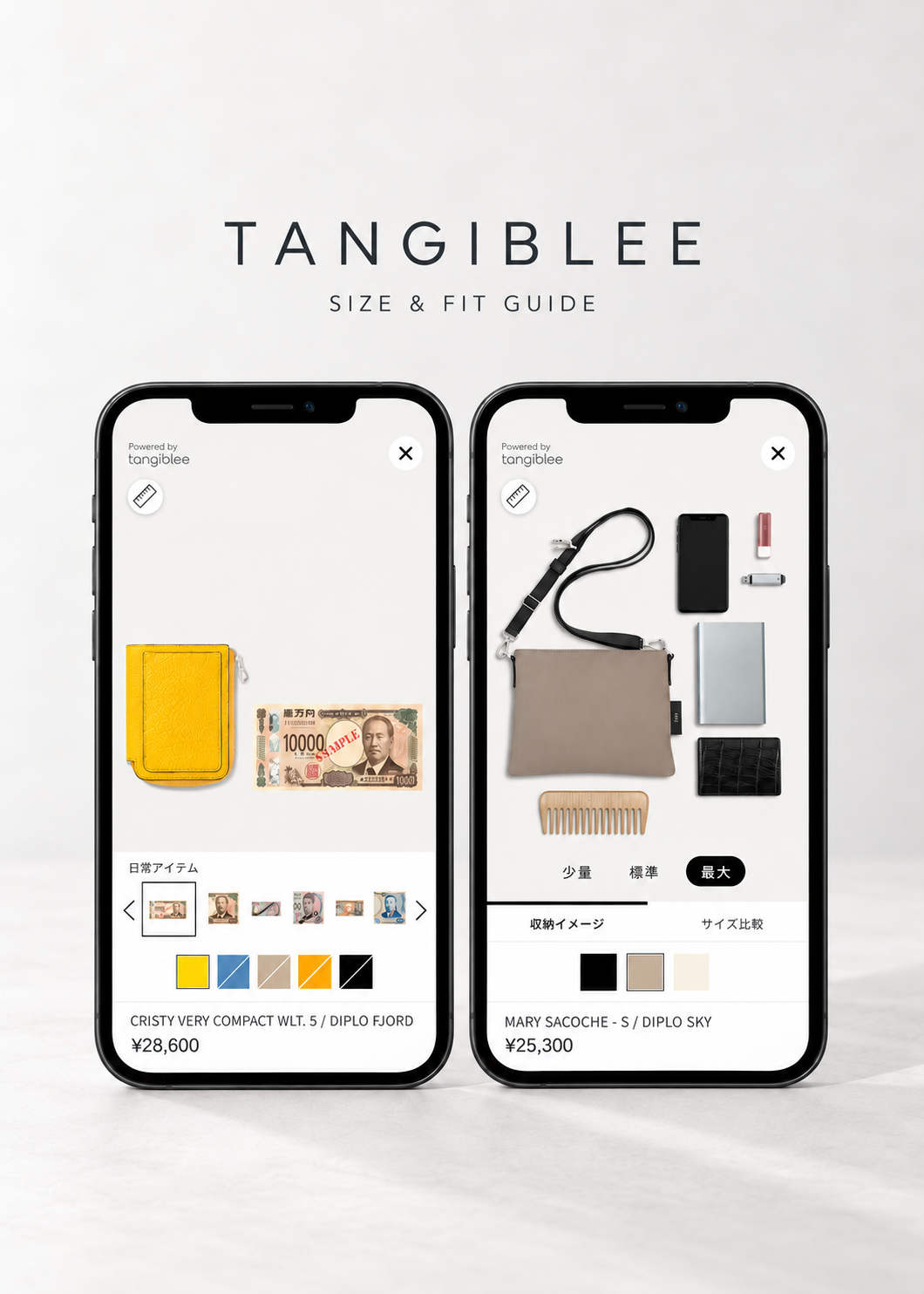財布のサイズ比較とサコッシュの収納イメージを2台のスマートフォンで紹介するITTI Tangibleeガイドのイメージ画像